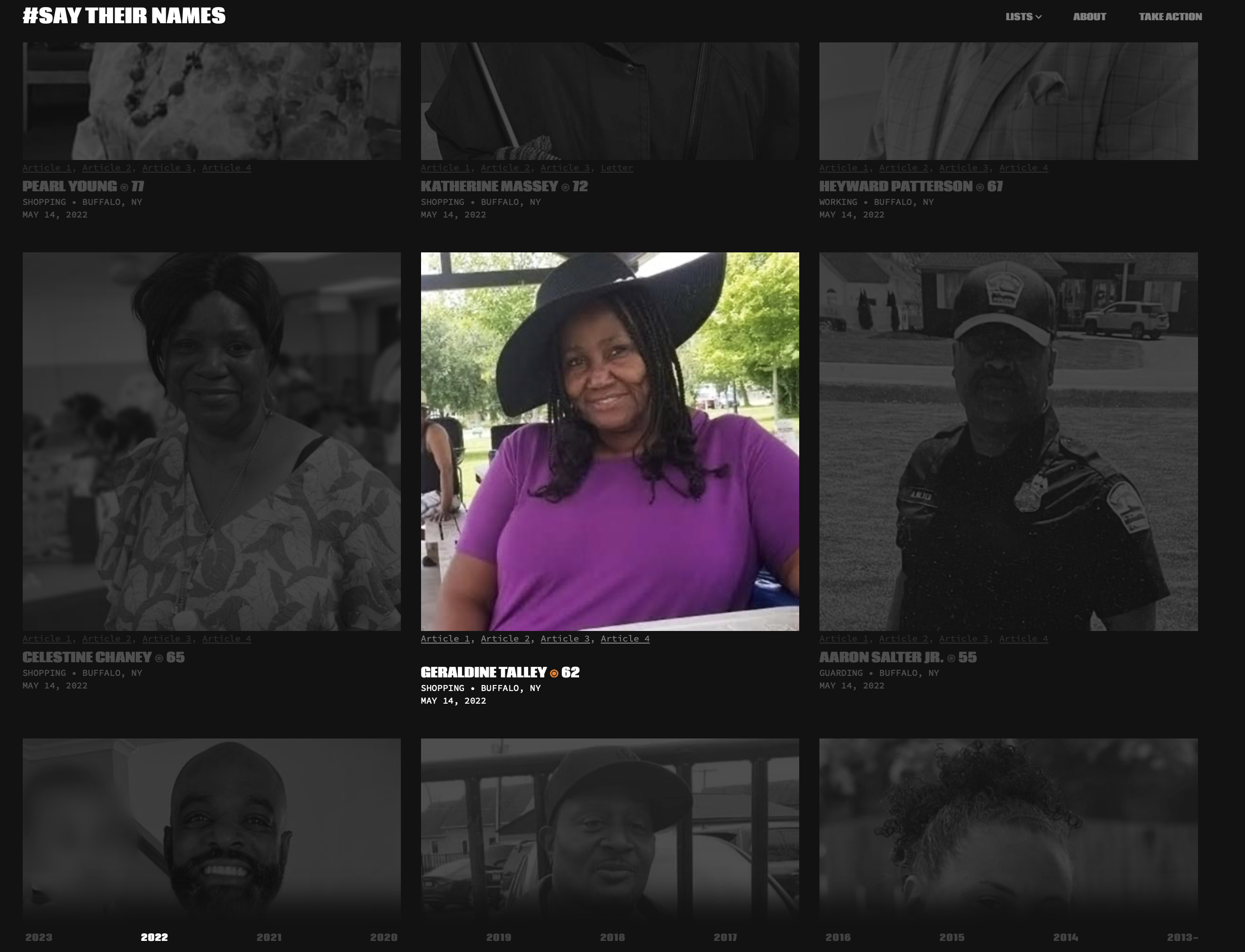 A collage titled "#Say Their Names" features images of individuals, with Geraldine Talley centered. She is smiling, wearing a large sun hat and a purple shirt.